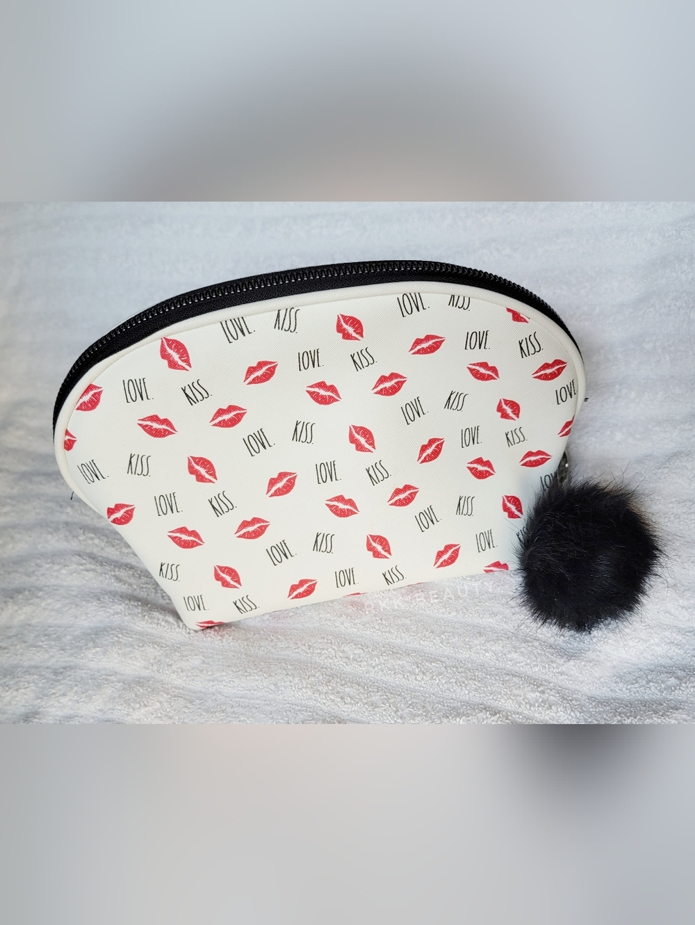 Rae Dunn: Kiss. Love. - (9" × 6.5" × 4") Cosmetic Bag + Thirty-One Bag Charm